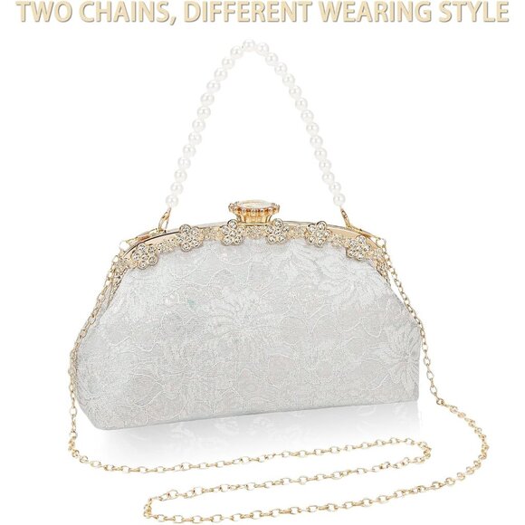 ⚡ Women's Silver Fabric Lace Pearl Chain Rhinestones Shoulder Clutch Bag - Picture 6 of 9